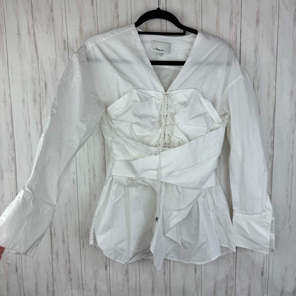 Phillip Lim Long Sleeve Gathered Coset Blouse with Lace-Up Detail